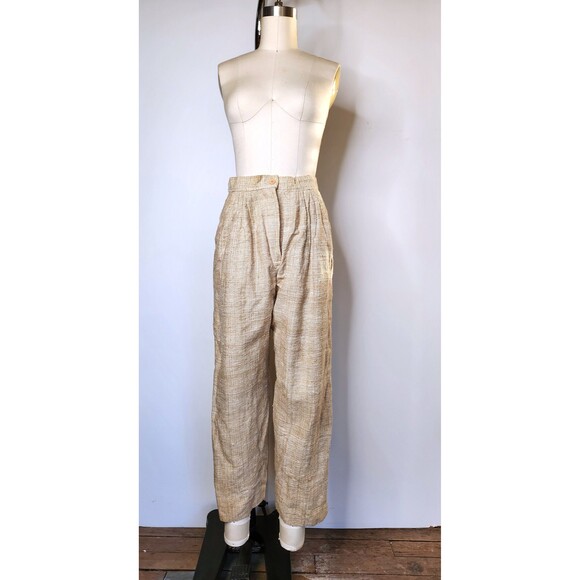 Vintage RAW SILK Beige Pants - High Waisted Pants Cigarette Ankle Trousers M - Picture 7 of 8